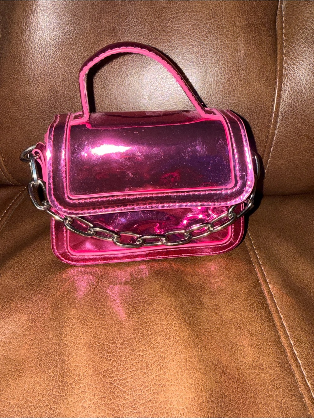 Madden Girl Metallic Hot Pink Mini Top-Handle Bag with Chain